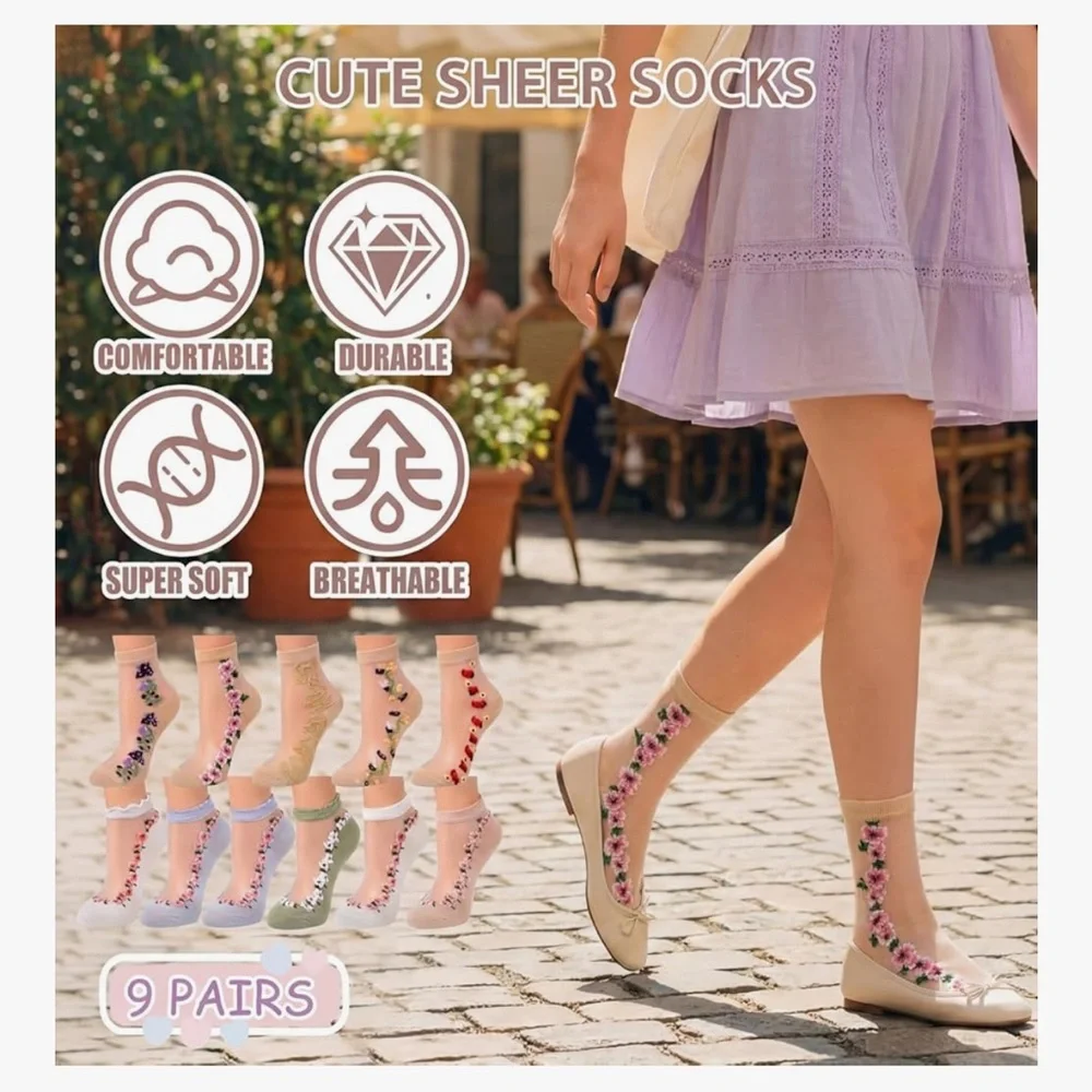 🆕 Floral Embroidered Sheer Ankle Socks - Beige & Assorted Floral Colors